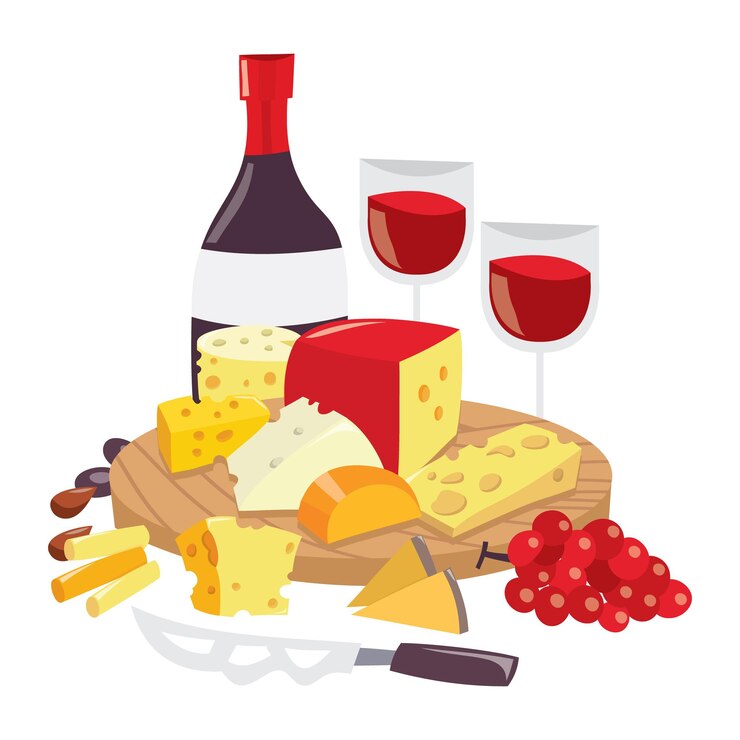 Vector cartoon round cheese board wine bottle glasses