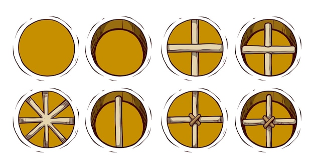 Vector cartoon round windows with wooden sticks