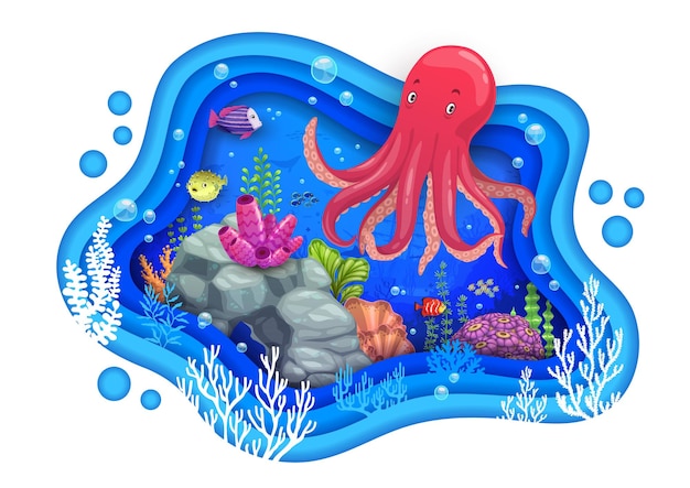 Vector cartoon roze octopus en zeepapier onder water gesneden