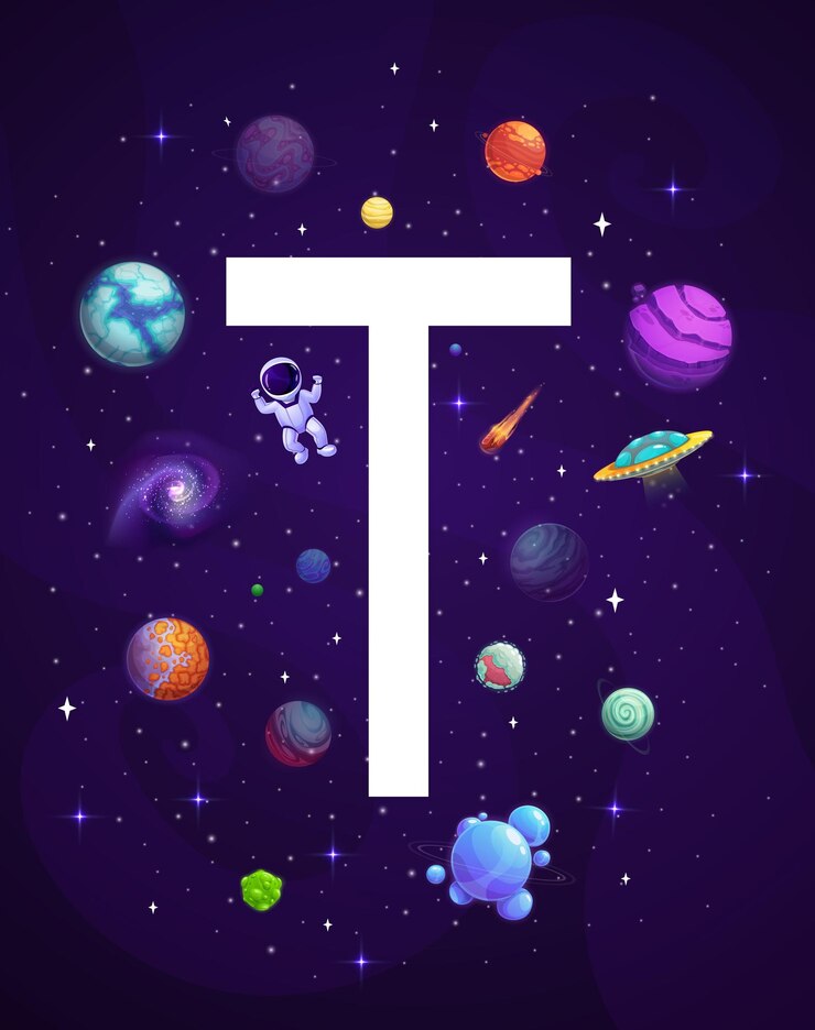 Vector cartoon ruimte letter t met galaxy planeten astronaut en aliens ufo vector achtergrond kids letter t voor ruimte alfabet of abc onderwijs met ruimtevaarder in galaxy hemel met sterren en asteroïden