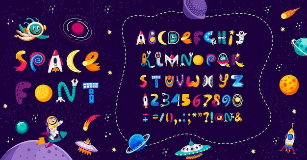 Cartoon ruimte lettertype in Engels alfabet universum type en galaxy lettertype vector ABC Kid gezet lettertype of typografie tekst met ruimtevaarder astronaut planeet en raket of buitenaardse UFO en asteroïde letters