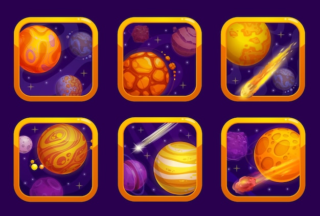 Cartoon ruimteplaneten spel oranje app-pictogrammen