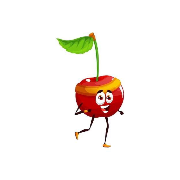 Cartoon running funny cherry vector berry sportsman character racing marathon sport jogging healthy lifestyle Vitamin food sports activity workout or competition Isolated personage