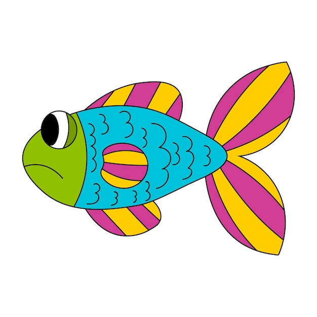 Мультяшная грустная рыба синего желтого фиолетового зеленого цвета изолирована на белом