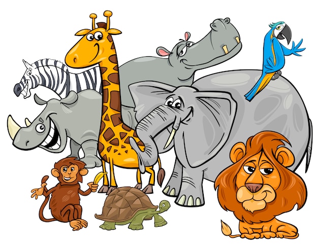 Gruppo di personaggi dei cartoni animati di animali safari