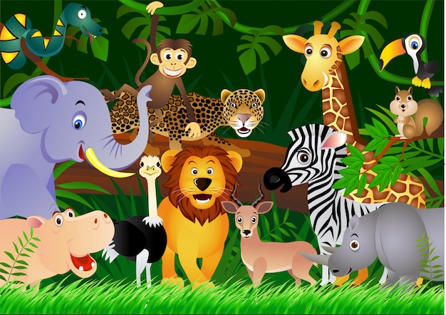 Cartoon safari animals with forest background