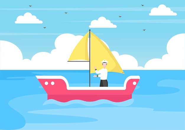 Cartoon sailing boat with sea or lake view background vector illustration. summer time for leisure, sports activity and recreation outdoors lifestyle