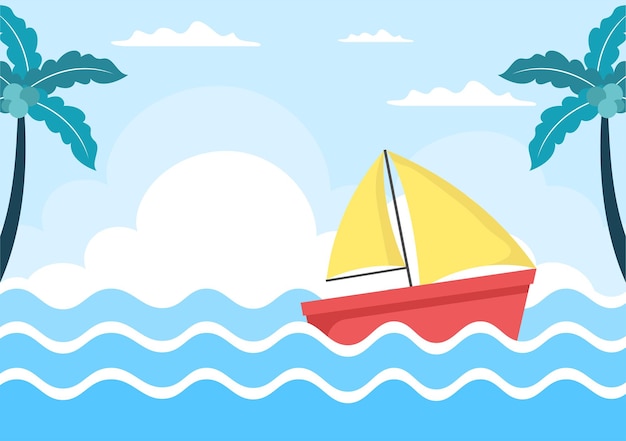 Cartoon sailing boat with sea or lake view background vector illustration. summer time for leisure, sports activity and recreation outdoors lifestyle