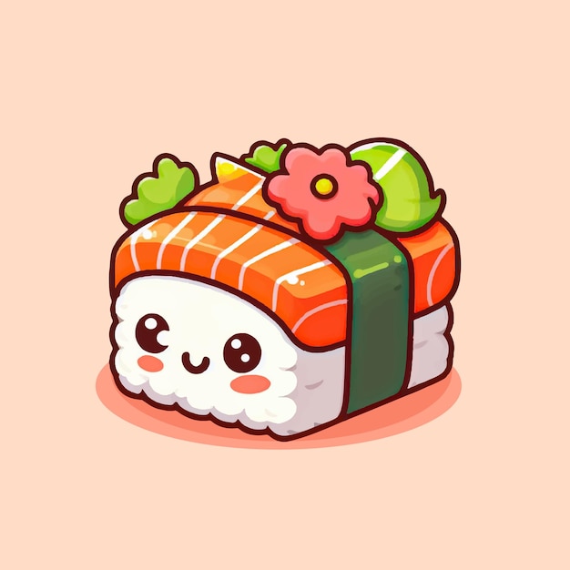 Cartoon salmon sushi cute bright colors bright colors on a pastel background