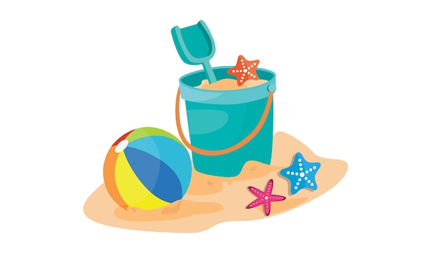 Vector cartoon sand bucket vector illustration with shovel and rake beach sand playing set summer element