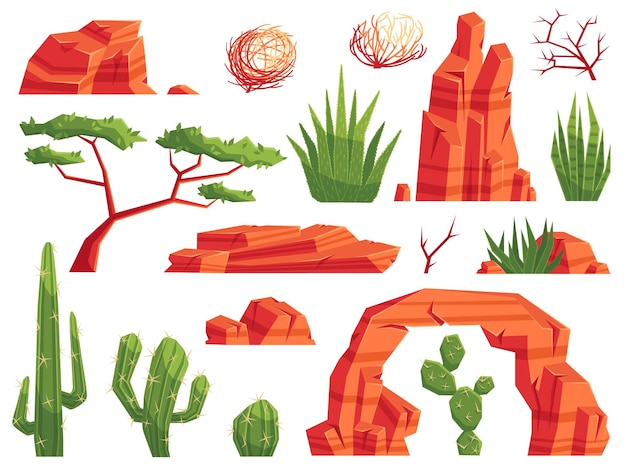 Vector cartoon sand desert elements western cactuses tumbleweeds and aloe plants mountain rocks and stones for valley landscape vector set