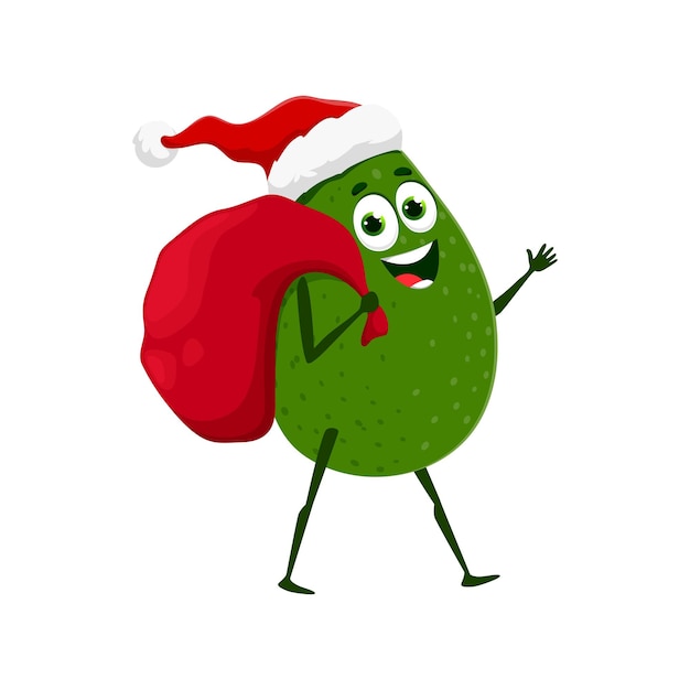 Cartoon Santa avocado character with gifts bag Christmas or New year emoticon vector icon Kawaii avocado emoji personage as Santa with Christmas gifts bag happy smiling