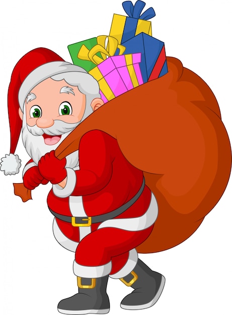 Cartoon santa claus carrying a sack of gifts