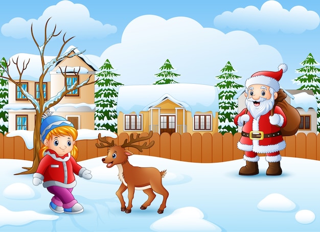 Cartoon santa claus cartoon and little girl 