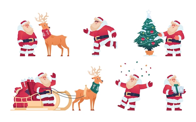 Мультяшный Санта-Клаус Симпатичный рождественский персонаж с подарками оленей с елкой на санях, украшенной гирляндами Зимний праздничный шаблон для поздравительных открыток Новогодние плакаты Векторный декабрьский набор