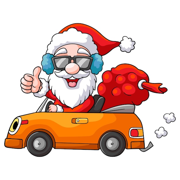 Cartoon santa claus driving a car to send gifts isolated on white background