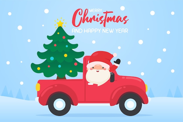 Cartoon santa claus driving a red car to the christmas tree delivery service