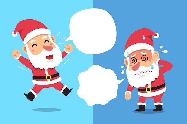 Cartoon santa claus expressing different emotions with speech bubbles