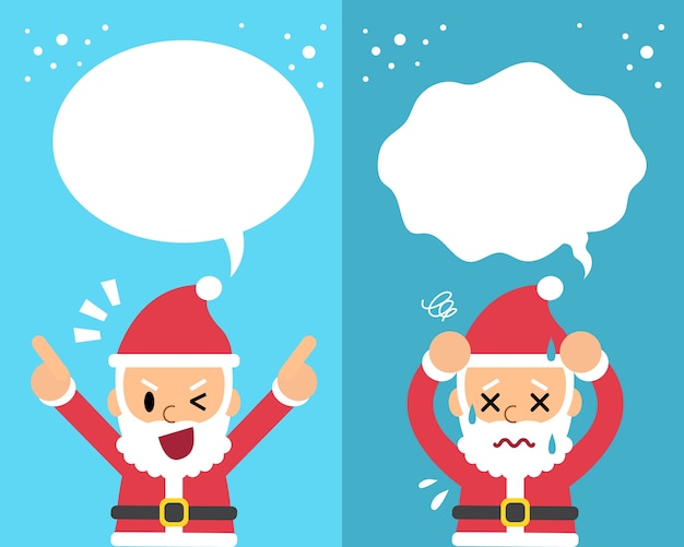 Cartoon santa claus expressing different emotions with speech bubbles