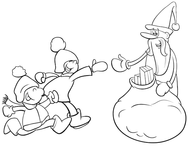 Cartoon Santa Claus giving Christmas gifts to kids coloring page