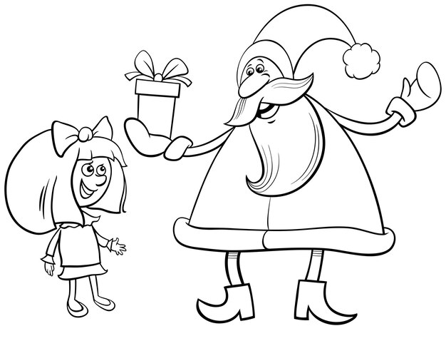 Vector cartoon santa claus giving presents to a girl coloring page