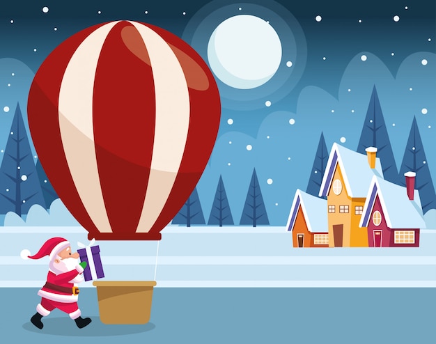 Мультяшный Санта-Клаус и воздушный шар над домами и зимней ночью, красочный, иллюстрация