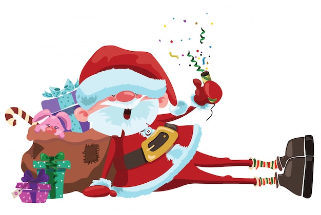 벡터 만화 산타 클로스는 선물 가방과 함께 앉아있다. 크리스마스 일러스트입니다.