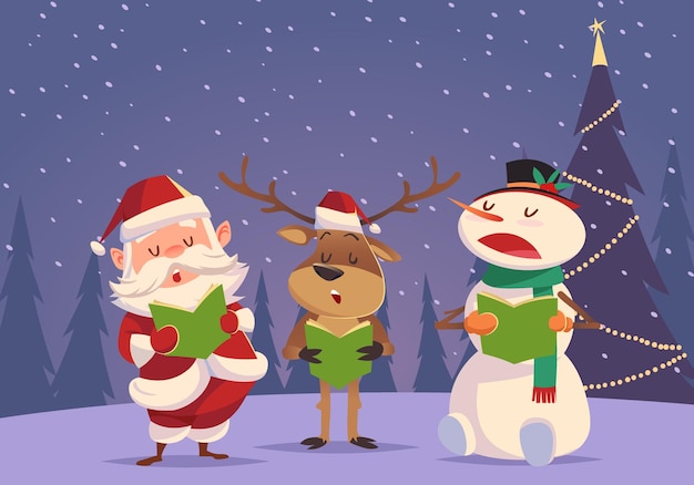 Vector a cartoon of santa claus singing and a snowman