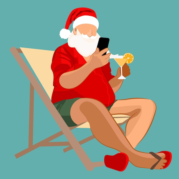 Vector cartoon santa claus sipping a margarita in the tropics