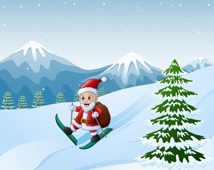 वेक्टर cartoon santa claus skiing with sack of gifts 