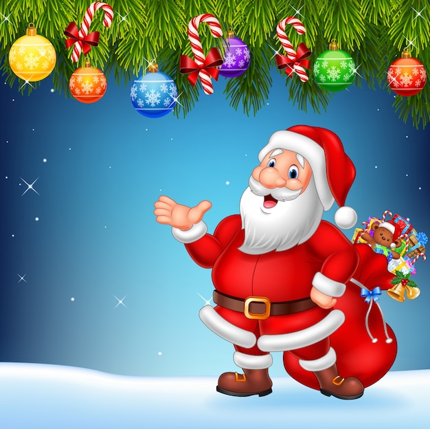 Cartoon Santa Claus with bag of gift