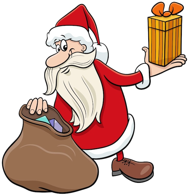 Vector cartoon santa claus with christmas present and sack