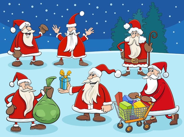Cartoon Santa Clauses characters group on Christmas time