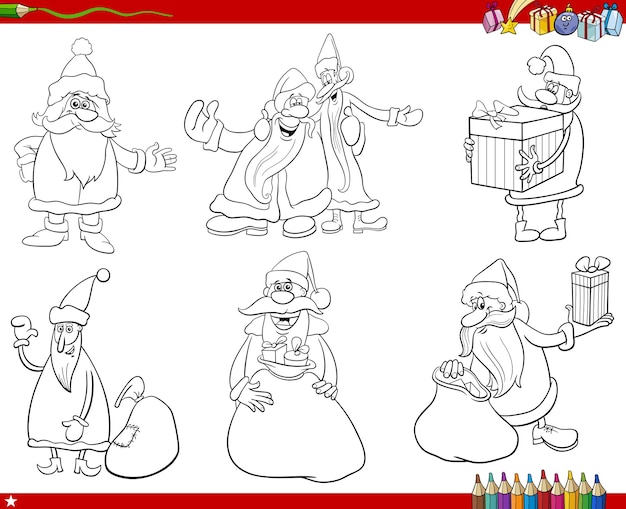 Cartoon santa clauses characters set coloring page