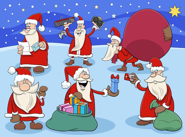 Cartoon Santa Clauses-personagesgroep op kersttijd