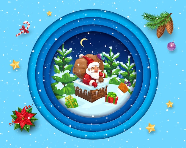 Cartoon Santa with presents on roof Christmas paper cut greeting card Vector double exposition xmas 3d holiday round frame with Father Noel stuck in chimney at xmas eve with bag while deliver gifts