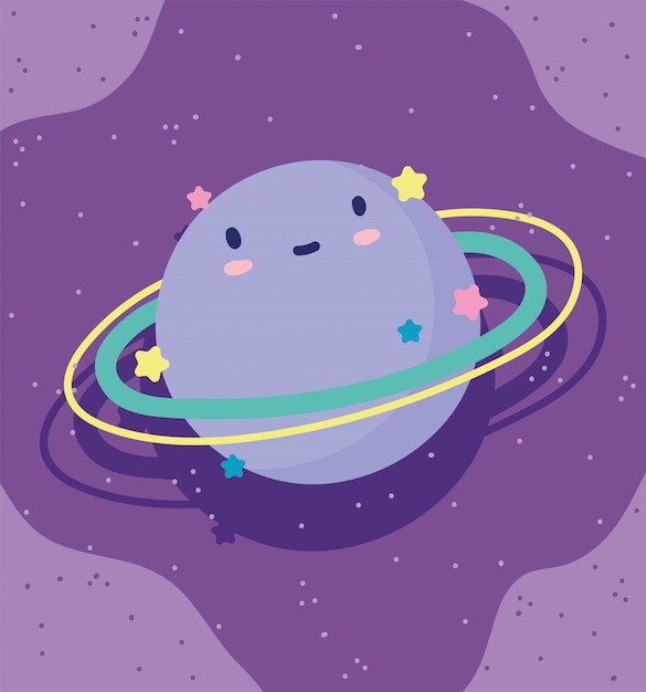 Cartoon saturn planet stars sky decoration purple background vector illustration