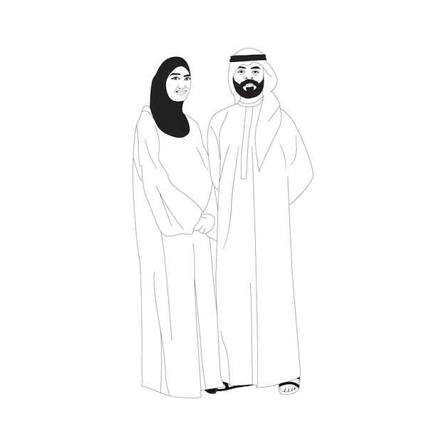 Vettore una vignetta di un uomo saudita e una donna in piedi insieme