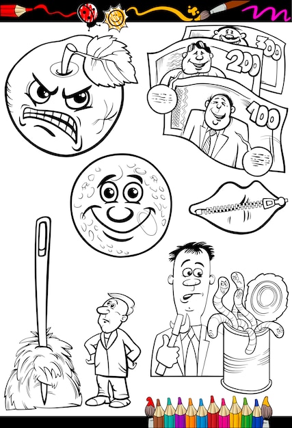 Vector cartoon sayings set for coloring book