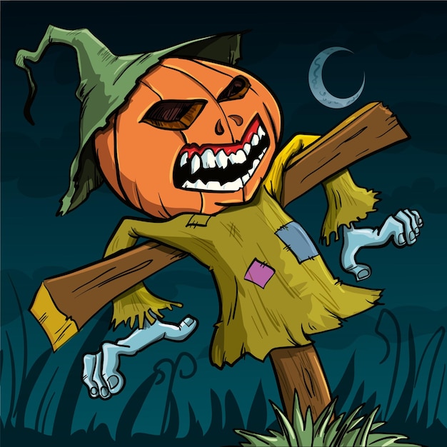 Cartoon scary scarecrow with a pumpkin head