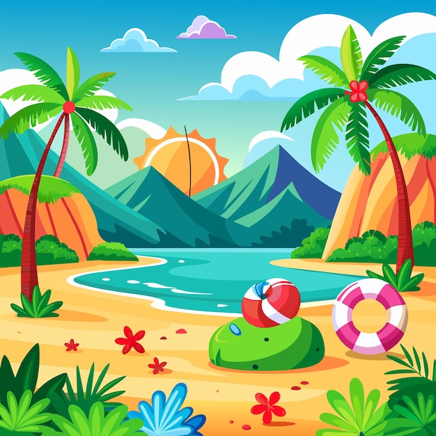 Vettore una scena di cartone animato di una scena di spiaggia con una piscina e palme