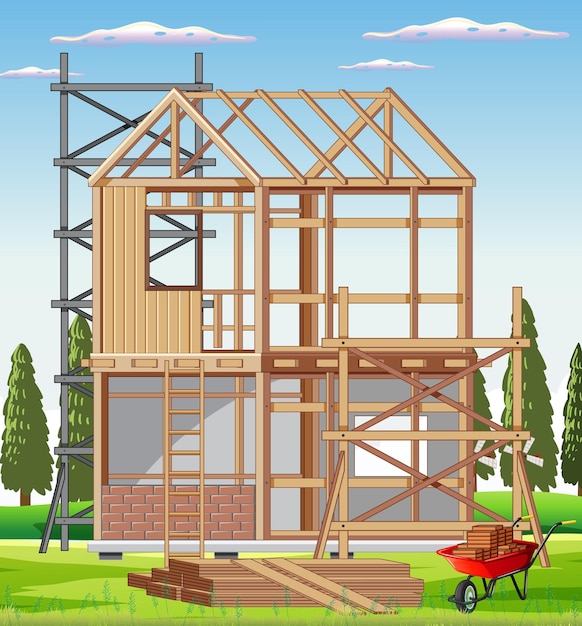 Cartoon scene of building construction site