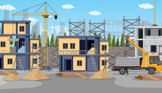 Cartoon scene of building construction site