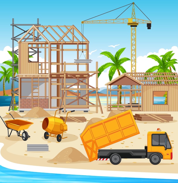 Cartoon scene of building construction site