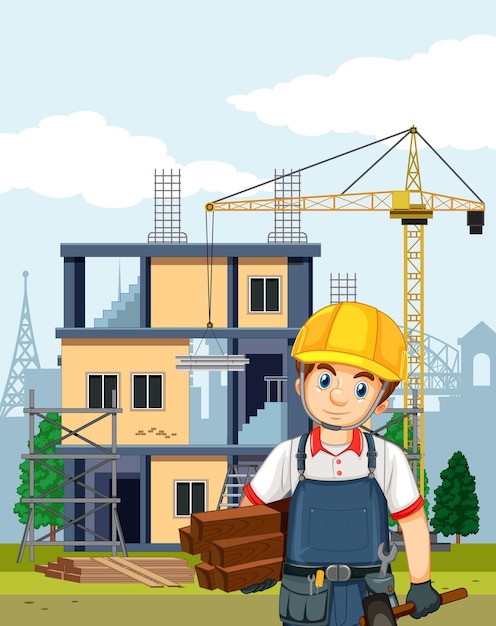 Vector cartoon scene of building construction site