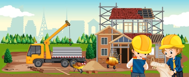 Cartoon scene of building construction site