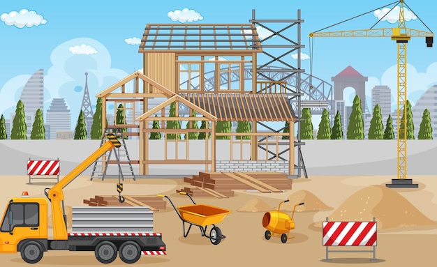 Cartoon scene of building construction site