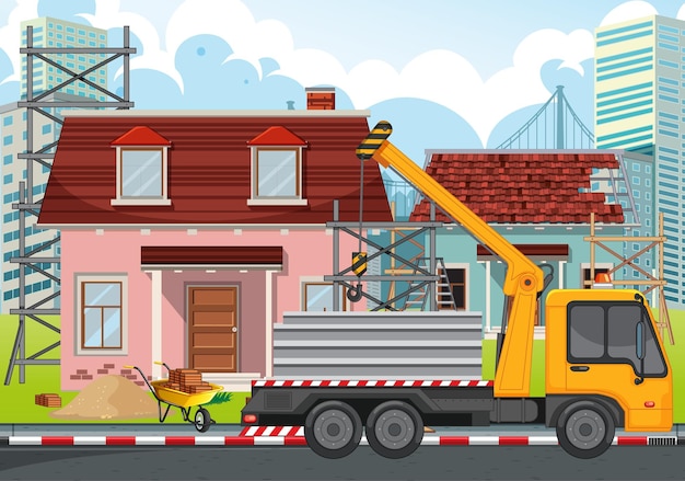 Cartoon scene of building construction site