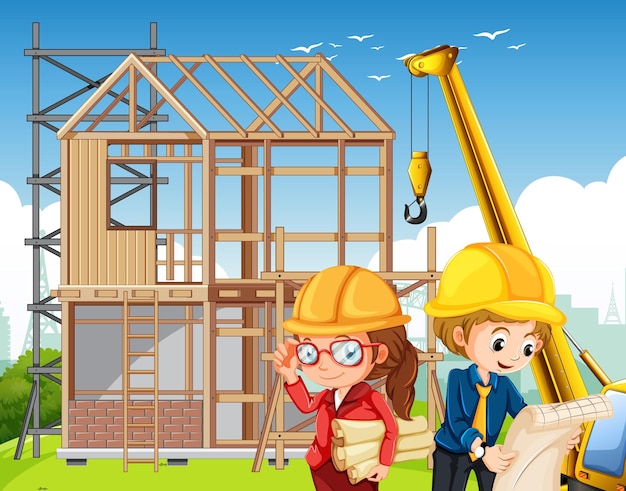 Vector cartoon scene of building construction site