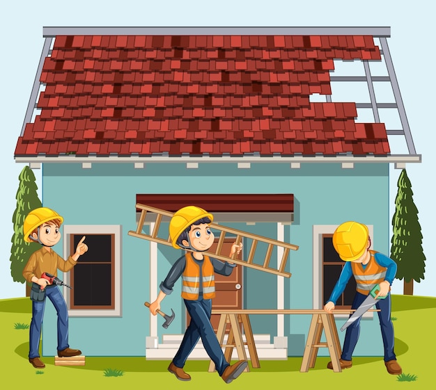 Cartoon scene of building house construction site